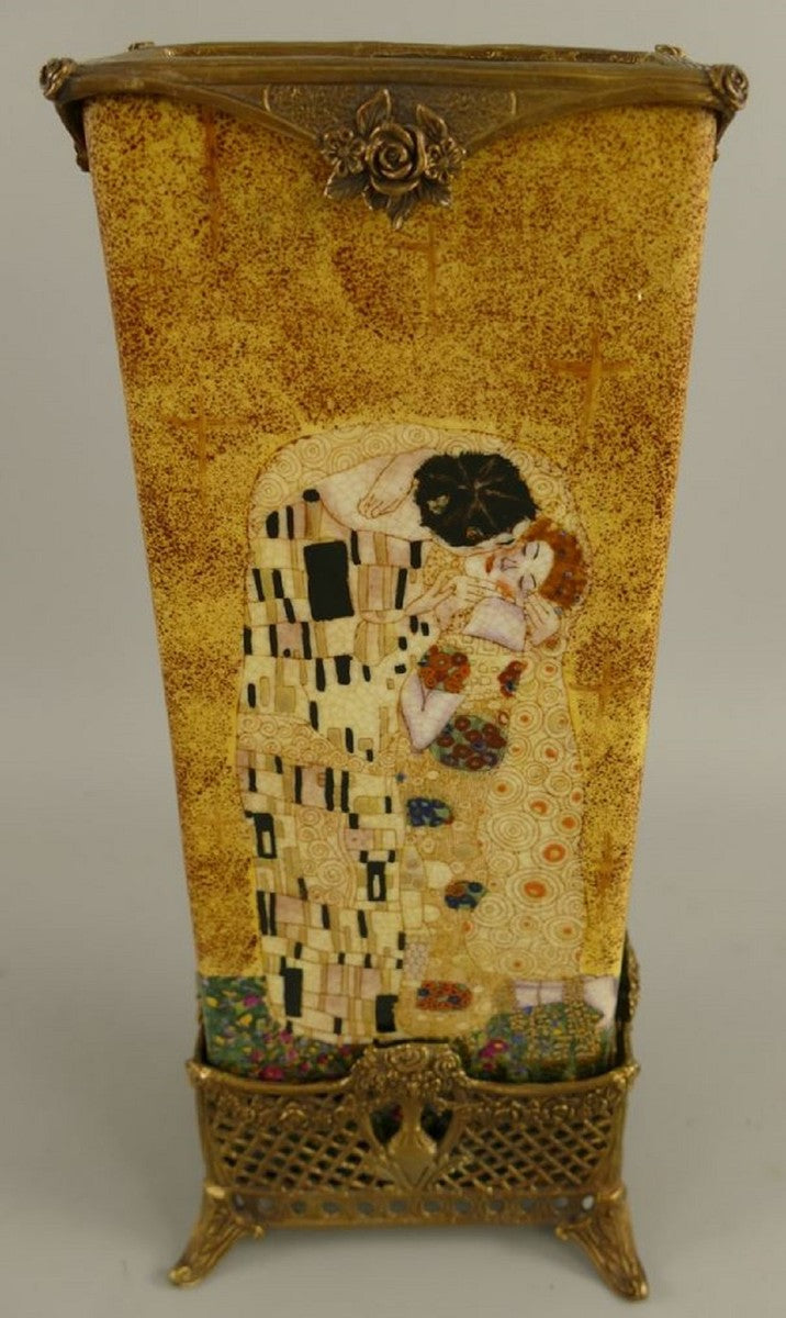 Jugendstil Deko Vase Mehrfarbig / Messing 15 x 10 x H. 34 cm - Porzellan Blumenvase - Barock & Jugendstil Deko Accessoires
