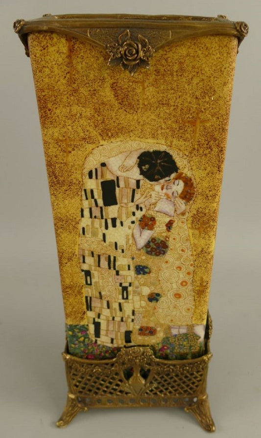 Jugendstil Deko Vase Mehrfarbig / Messing 15 x 10 x H. 34 cm - Porzellan Blumenvase - Barock & Jugendstil Deko Accessoires