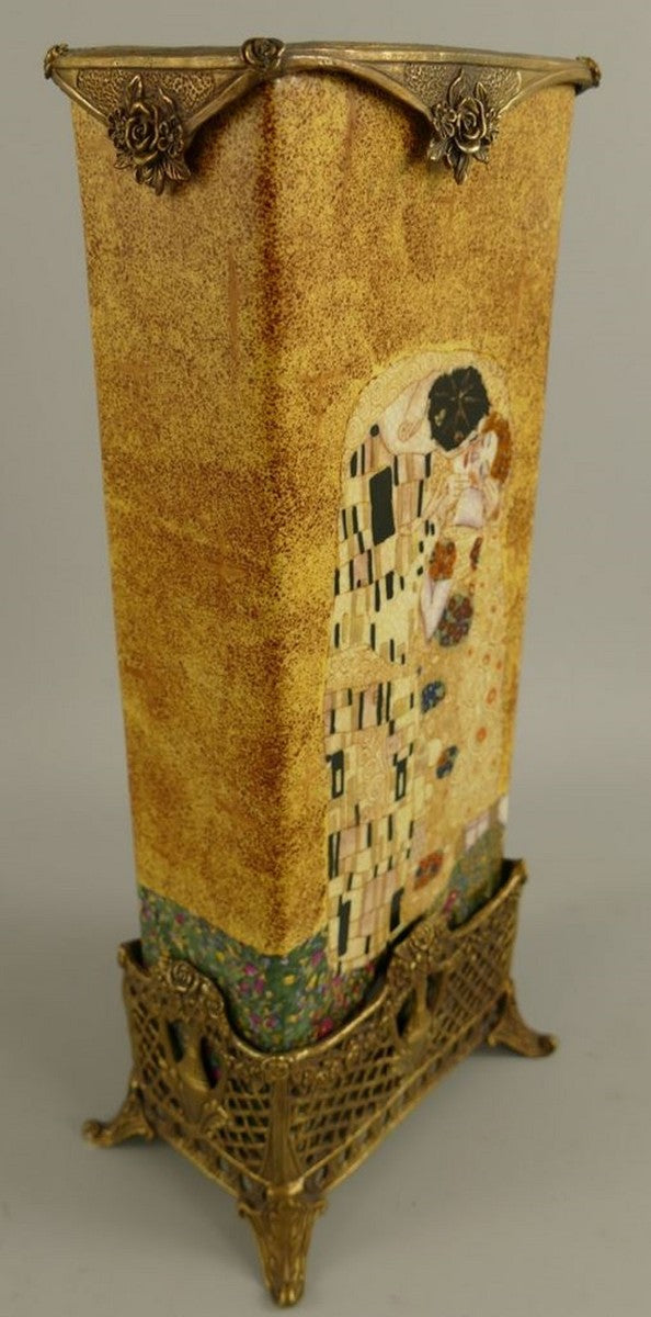 Jugendstil Deko Vase Mehrfarbig / Messing 15 x 10 x H. 34 cm - Porzellan Blumenvase - Barock & Jugendstil Deko Accessoires