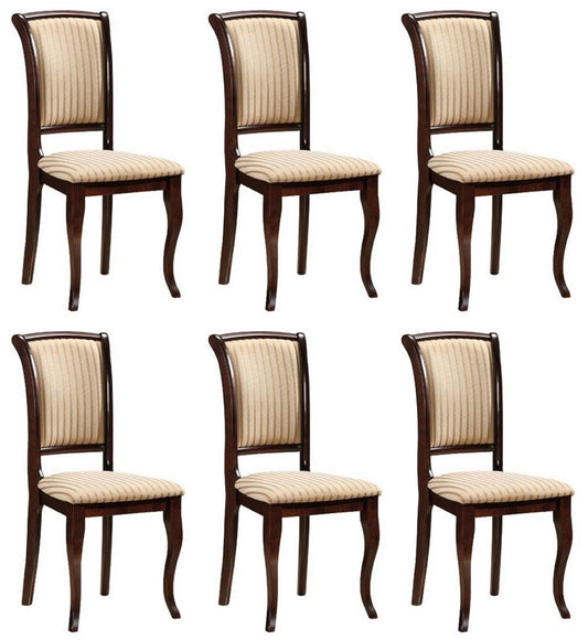 Jugendstil Esszimmer Stuhl 6er Set Creme / Gold / Dunkelbraun 44 x 44 x H. 96 cm - Elegante Massivholz Küchen Stühle mit Streifen - Barock & Jugendstil Esszimmer Möbel
