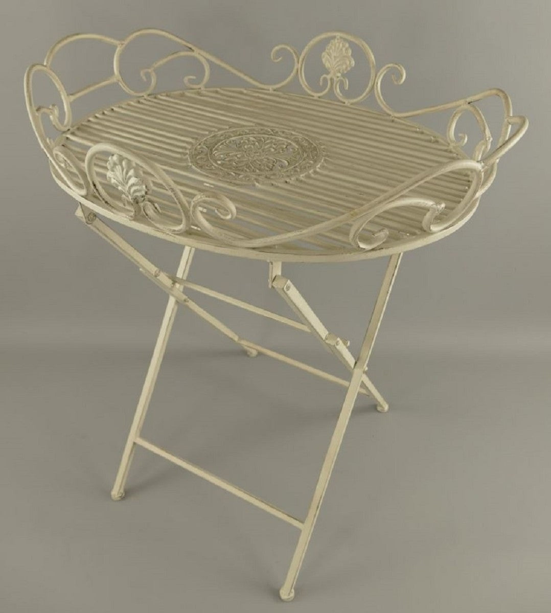 Jugendstil Garten Beistelltisch Rustikal Weiß 63 x 48 x H. 70 cm - Klappbarer Garten Metall Tisch - Barock & Jugendstil Garten Möbel