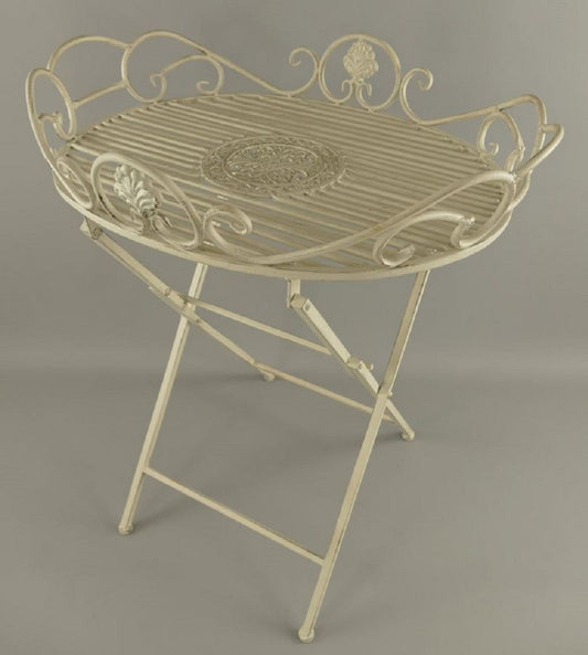 Jugendstil Garten Beistelltisch Rustikal Weiß 63 x 48 x H. 70 cm - Klappbarer Garten Metall Tisch - Barock & Jugendstil Garten Möbel