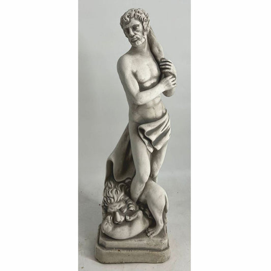 Jugendstil Garten Deko Beton Skulptur Mann und Löwe Grau H. 63 cm