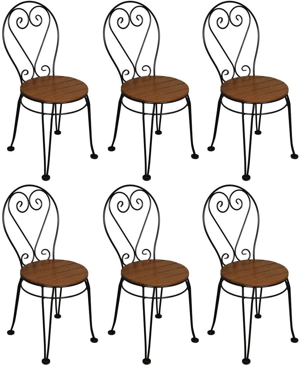 Jugendstil Gartenstuhl 6er Set Braun / Schwarz 40 x 40 x H. 92 cm - Elegante Schmiedeeisen Stühle mit Massivholz Sitzfläche - Nostalgische Garten & Gastronomie Möbel