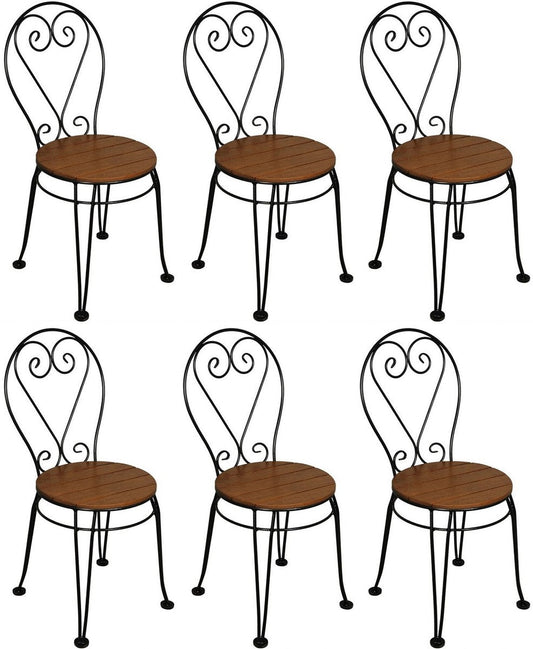 Jugendstil Gartenstuhl 6er Set Braun / Schwarz 40 x 40 x H. 92 cm - Elegante Schmiedeeisen Stühle mit Massivholz Sitzfläche - Nostalgische Garten & Gastronomie Möbel
