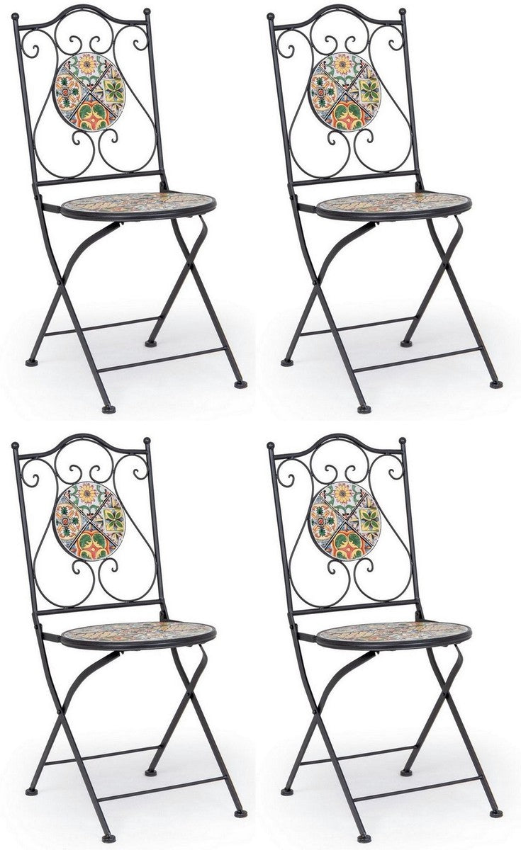 Jugendstil Gartenstuhl 4er Set Schwarz / Mehrfarbig 39 x 47 x H. 92 cm - Klappbare Stühle mit Keramik Platten - Nostalgische Garten & Gastronomie Möbel