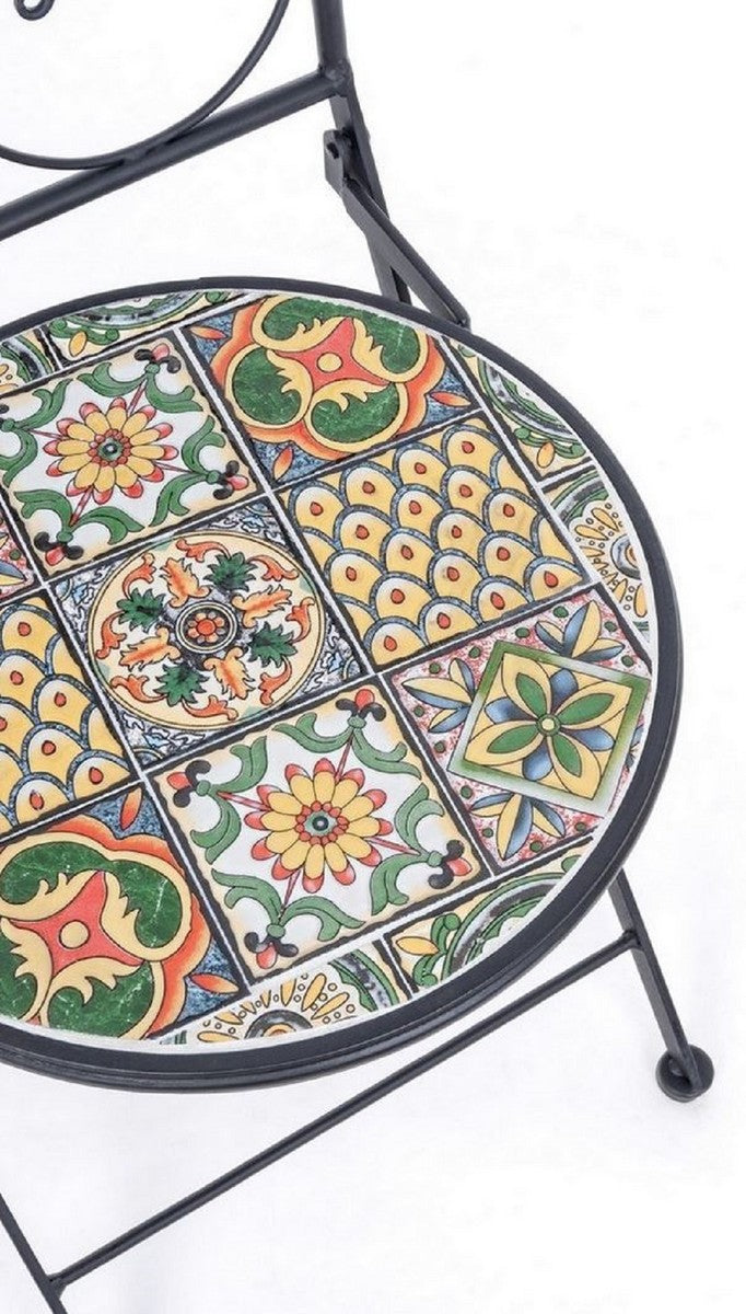 Jugendstil Gartenstuhl 4er Set Schwarz / Mehrfarbig 39 x 47 x H. 92 cm - Klappbare Stühle mit Keramik Platten - Nostalgische Garten & Gastronomie Möbel