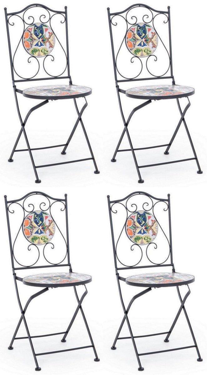 Jugendstil Gartenstuhl 4er Set Schwarz / Mehrfarbig 39 x 47 x H. 92 cm - Klappbare Stühle mit edlen Keramik Platten - Nostalgische Garten & Gastronomie Möbel