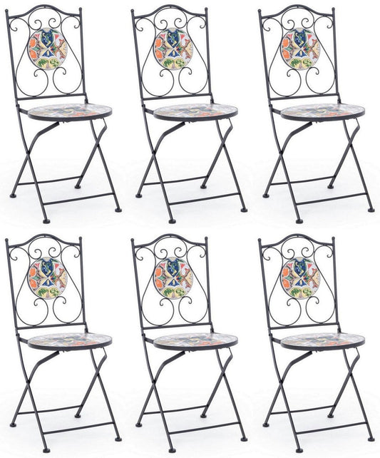 Jugendstil Gartenstuhl 6er Set Schwarz / Mehrfarbig 39 x 47 x H. 92 cm - Klappbare Stühle mit edlen Keramik Platten - Nostalgische Garten & Gastronomie Möbel