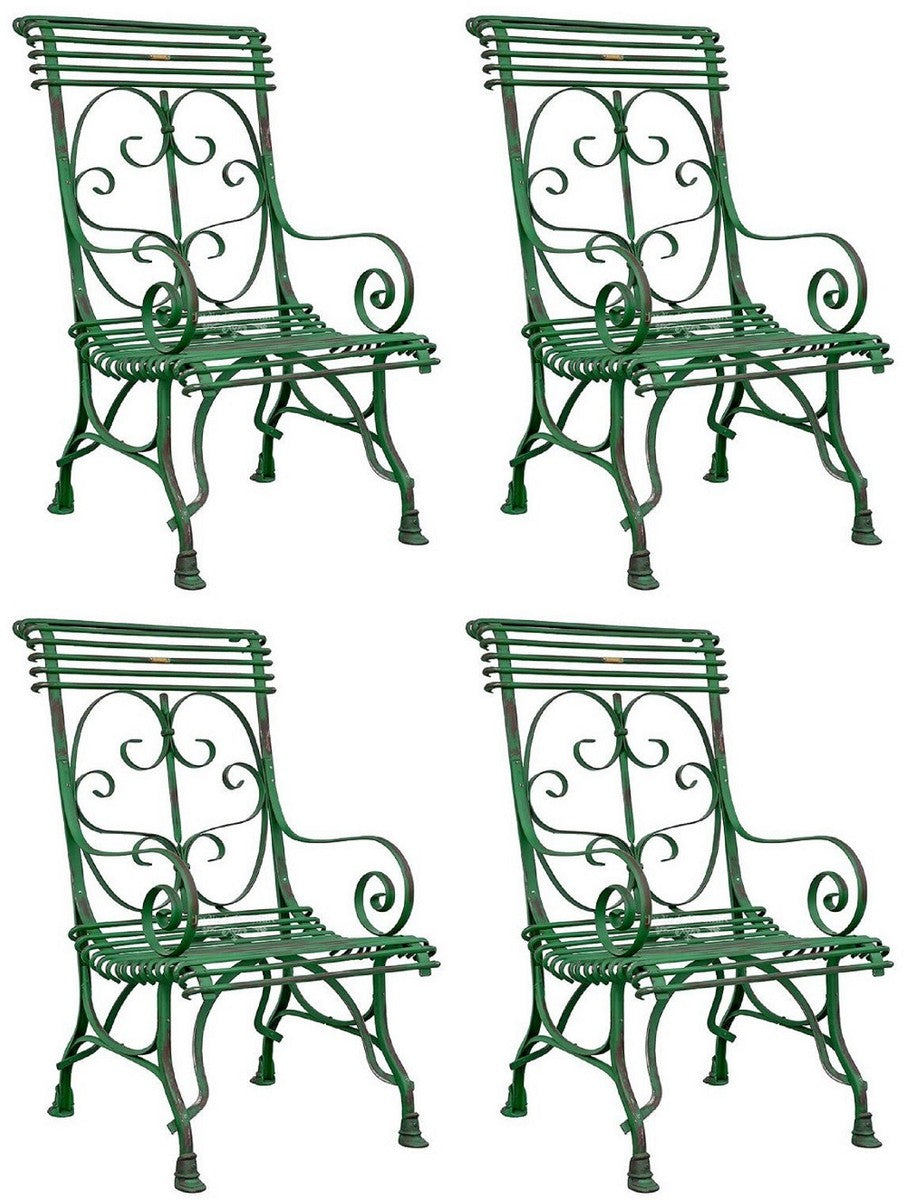 Jugendstil Gartenstuhl 4er Set Antik Grün 64 x 66 x H. 114 cm - Handgefertigte Schmiedeeisen Stühle mit Armlehnen - Nostalgische Garten & Terrassen Möbel