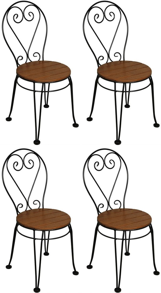 Jugendstil Gartenstuhl 4er Set Braun / Schwarz 40 x 40 x H. 92 cm - Elegante Schmiedeeisen Stühle mit Massivholz Sitzfläche - Nostalgische Garten & Gastronomie Möbel