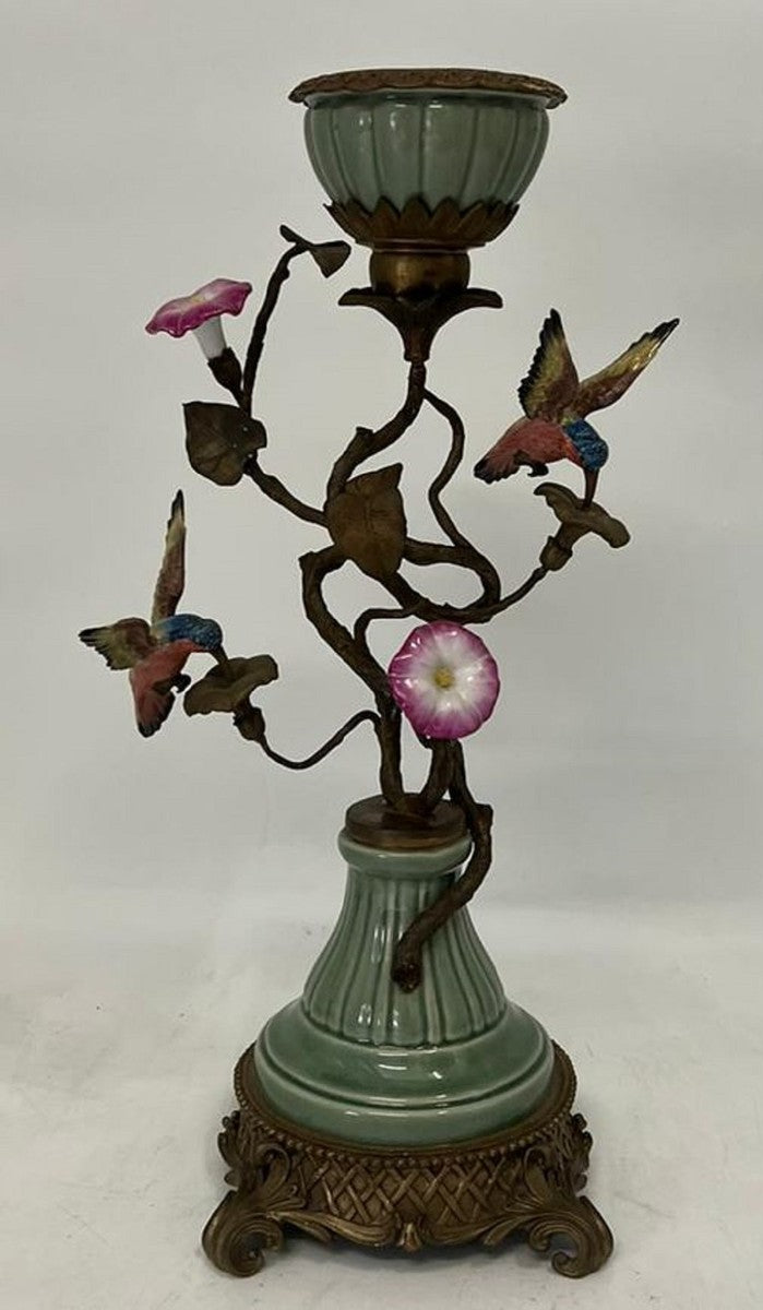 Jugendstil Kerzenhalter mit dekorativen Blumen und Vögeln Mehrfarbig / Antik Messing H. 48 cm - Deko Accessoires im Barock & Jugendstil