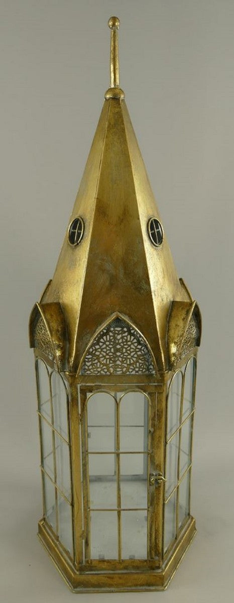 Jugendstil Laterne Antik Gold 30 x 30 x H. 90 cm - Deko Metall Laterne im Kirchturm Design - Wohnzimmer Deko - Garten Deko