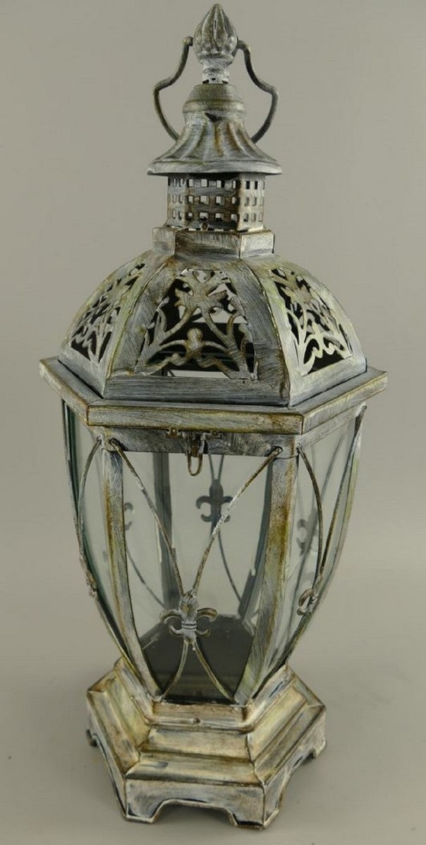 Jugendstil Laterne Antik Silber 25 x 25 x H. 58 cm - Metall Tischlaterne mit Tragegriff - Barock & Jugendstil Deko Accessoires