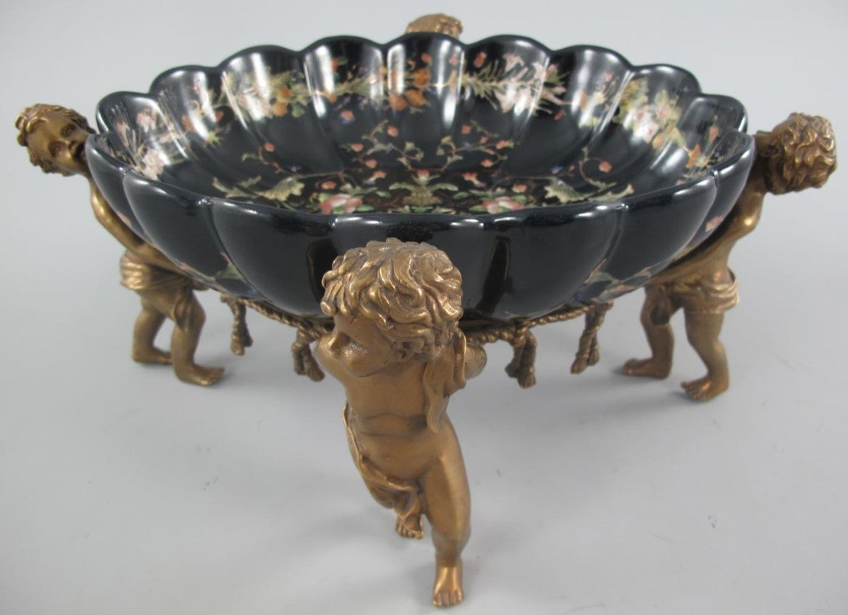 Jugendstil Porzellan Schale mit 4 dekorativen Engelsfiguren Schwarz / Mehrfarbig / Messingfarben 40 x 34 x H. 17 cm - Barock & Jugendstil Deko Accessoires