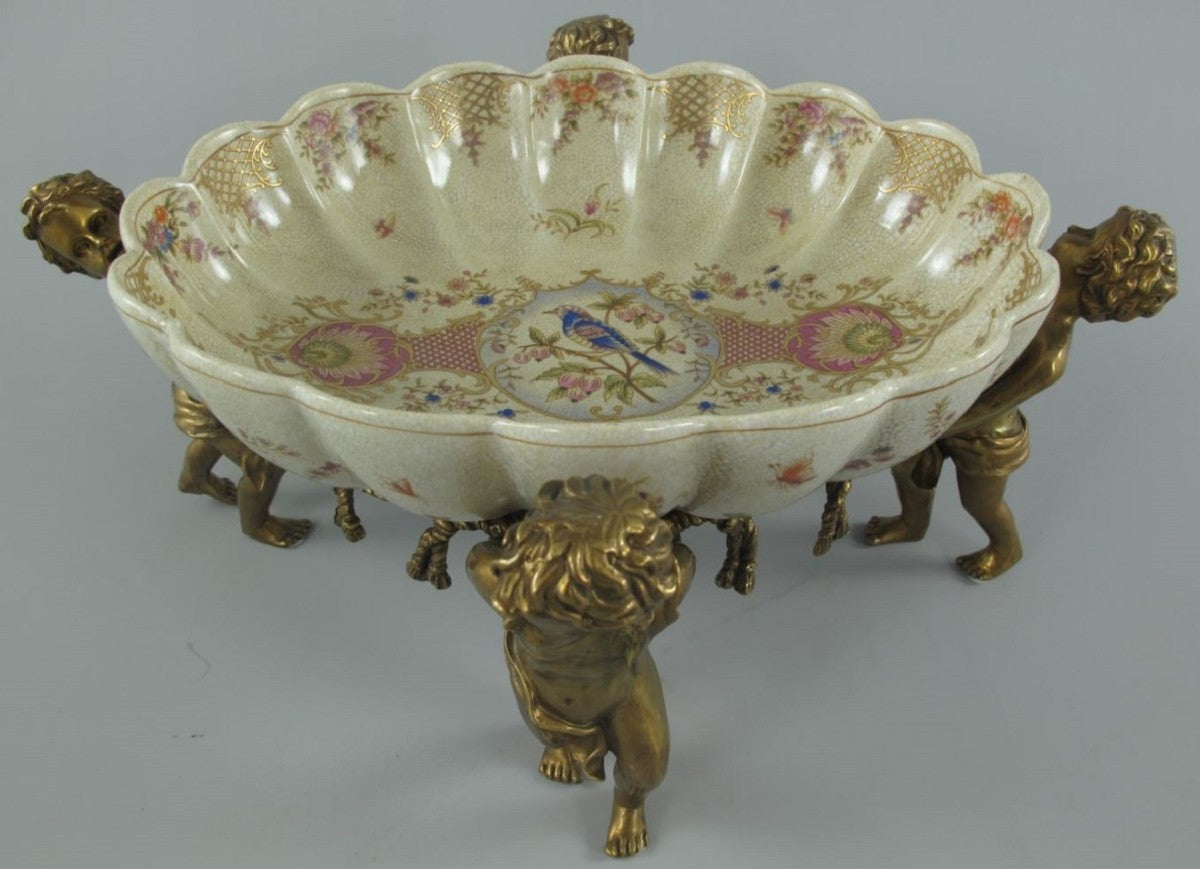 Jugendstil Porzellan Schale mit 4 dekorativen Engelsfiguren Cremefarben / Mehrfarbig / Messingfarben 40 x 30 x H. 17 cm - Barock & Jugendstil Deko Accessoires