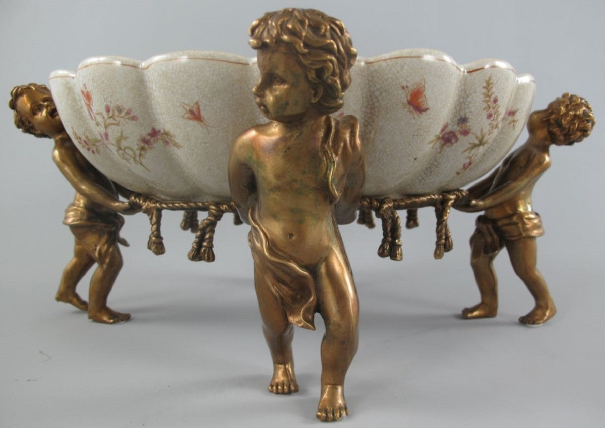 Jugendstil Porzellan Schale mit 4 dekorativen Engelsfiguren Cremefarben / Mehrfarbig / Messingfarben 40 x 30 x H. 17 cm - Barock & Jugendstil Deko Accessoires