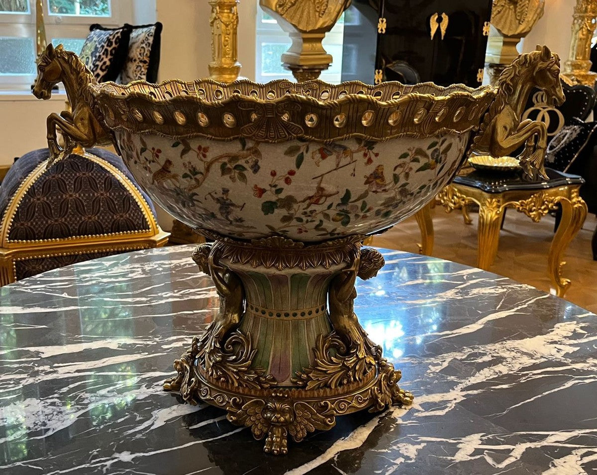 Jugendstil Porzellan Schüssel Mehrfarbig / Messing 63 x 38 x H. 41 cm - Prunkvolle Porzellan Schale - Barock & Jugendstil Deko Accessoires