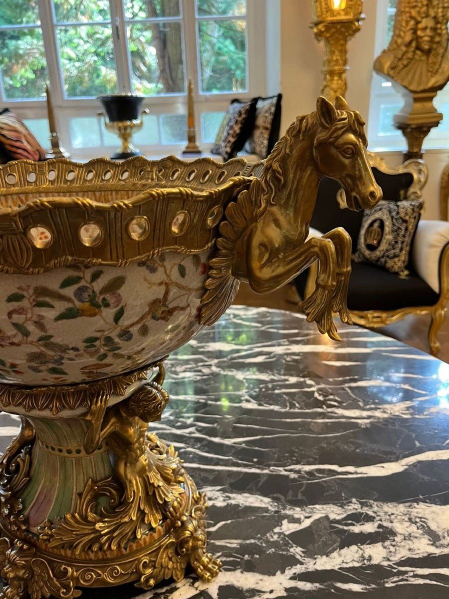 Jugendstil Porzellan Schüssel Mehrfarbig / Messing 63 x 38 x H. 41 cm - Prunkvolle Porzellan Schale - Barock & Jugendstil Deko Accessoires