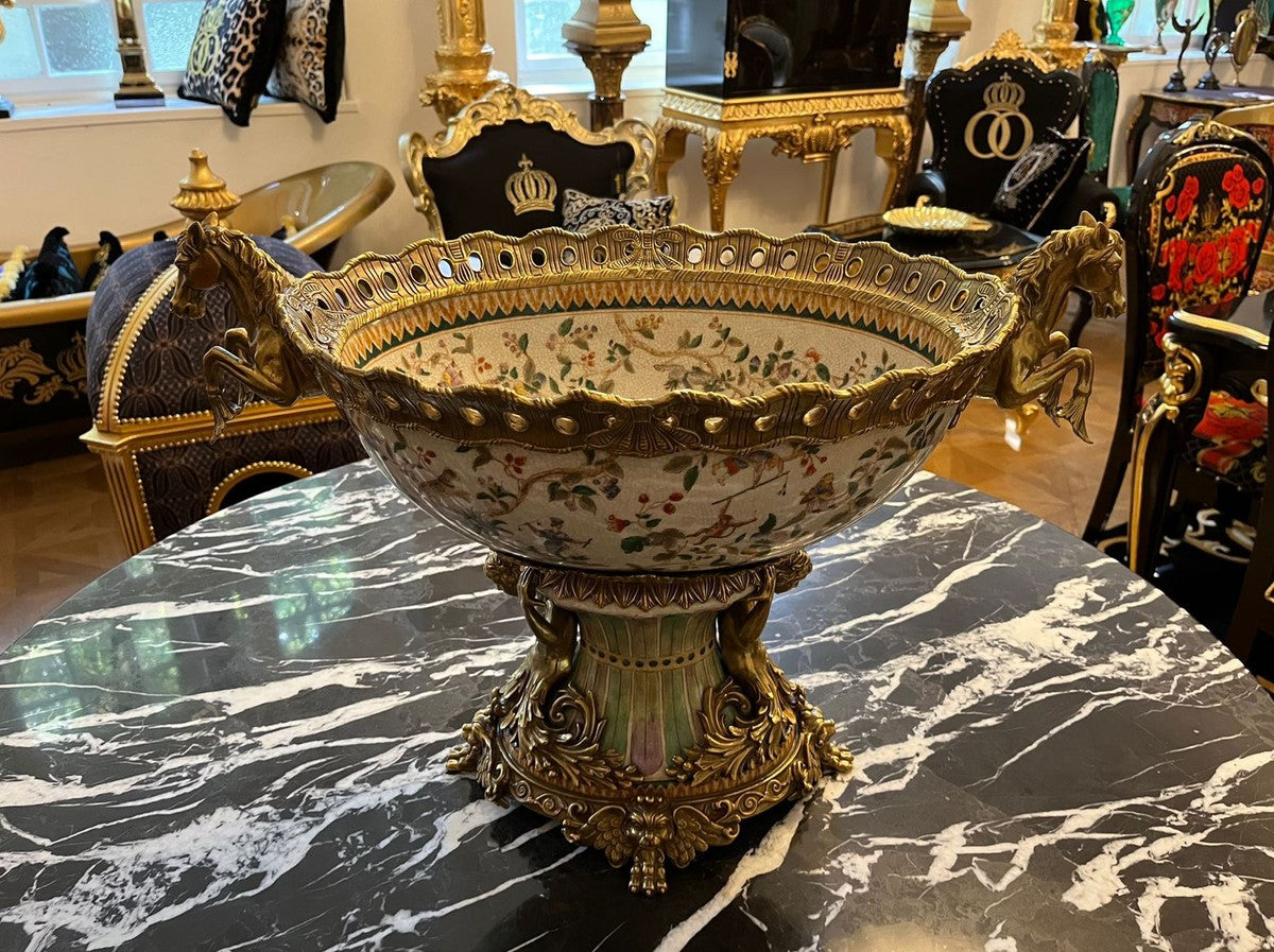 Jugendstil Porzellan Schüssel Mehrfarbig / Messing 63 x 38 x H. 41 cm - Prunkvolle Porzellan Schale - Barock & Jugendstil Deko Accessoires