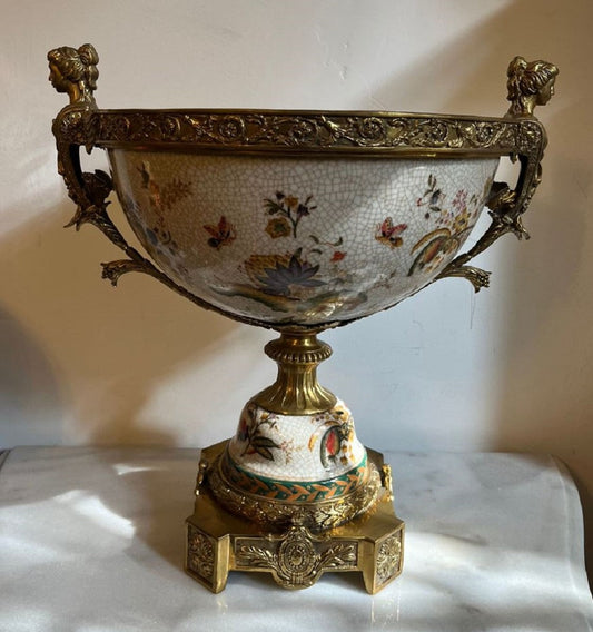 Jugendstil Porzellan Schüssel Mehrfarbig / Messing 40 x H. 42 cm - Prunkvolle Porzellan Schale - Barock & Jugendstil Deko Accessoires