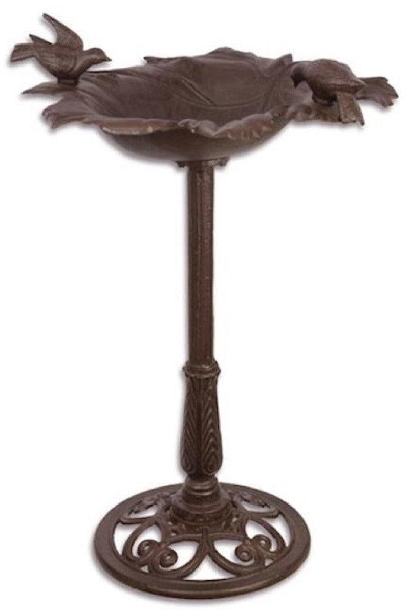 Jugendstil Vogelbad mit 2 dekorativen Vögelchen Braun 51,3 x 47,7 x H. 82,3 cm - Gusseisen Vogeltränke - Garten & Terrassen Deko Accessoires