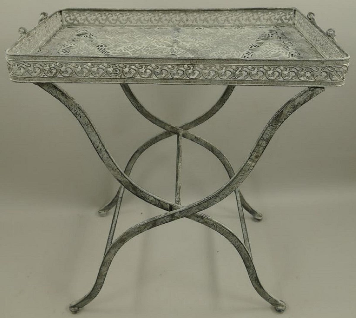 Jugendstil Gartentisch Antik Grau 60 x 40 x H. 70 cm - Klappbarer Metall Tisch mit Tragegriffen - Garten & Terassen Möbel