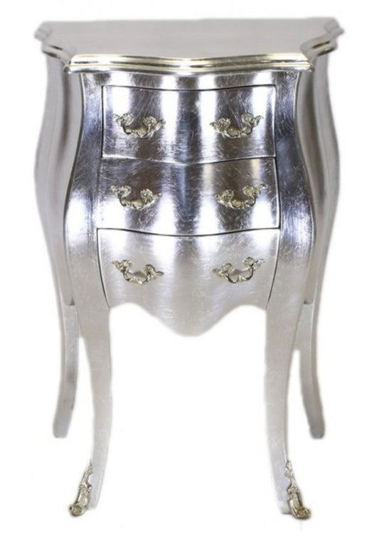 Barock Kommode Silber H 70 cm, B 50 cm - Nachttisch Schrank mit 3 Schubladen
