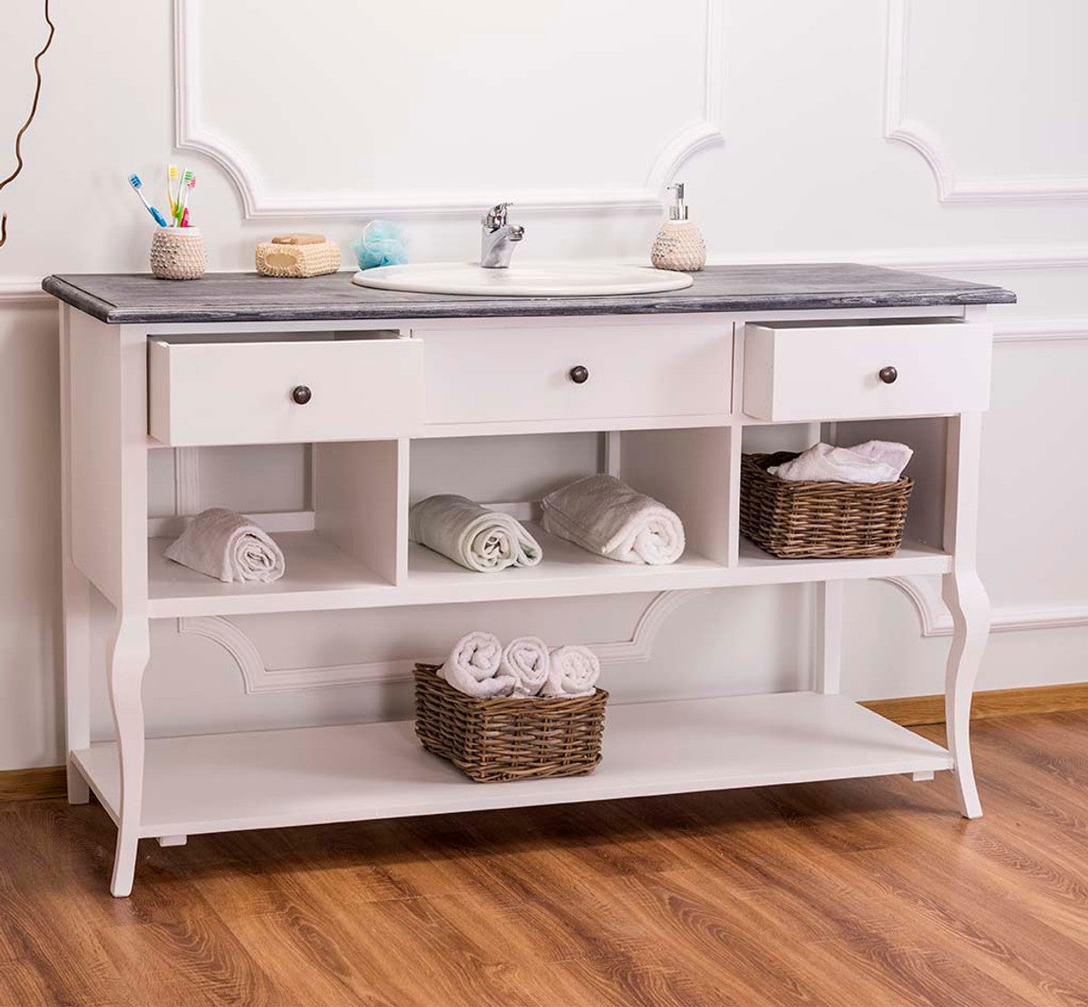 Landhaus Stil Waschschrank Waschtisch Ohne Waschbecken Grau / Weiss - Bad Schrank