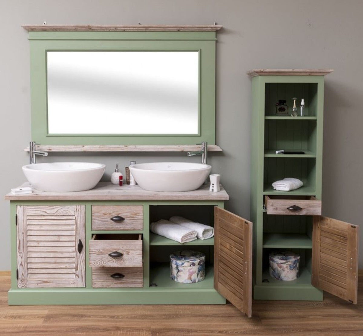 Landhausstil Badezimmer Set Grün / Naturfarben - 1 Doppelwaschtisch & 1 Wandspiegel & 1 Regalschrank - Massivholz Badezimmer Möbel im Landhausstil