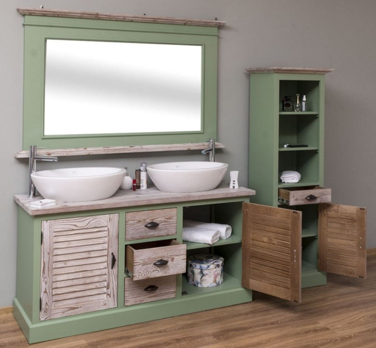 Landhausstil Badezimmer Set Grün / Naturfarben - 1 Doppelwaschtisch & 1 Wandspiegel & 1 Regalschrank - Massivholz Badezimmer Möbel im Landhausstil