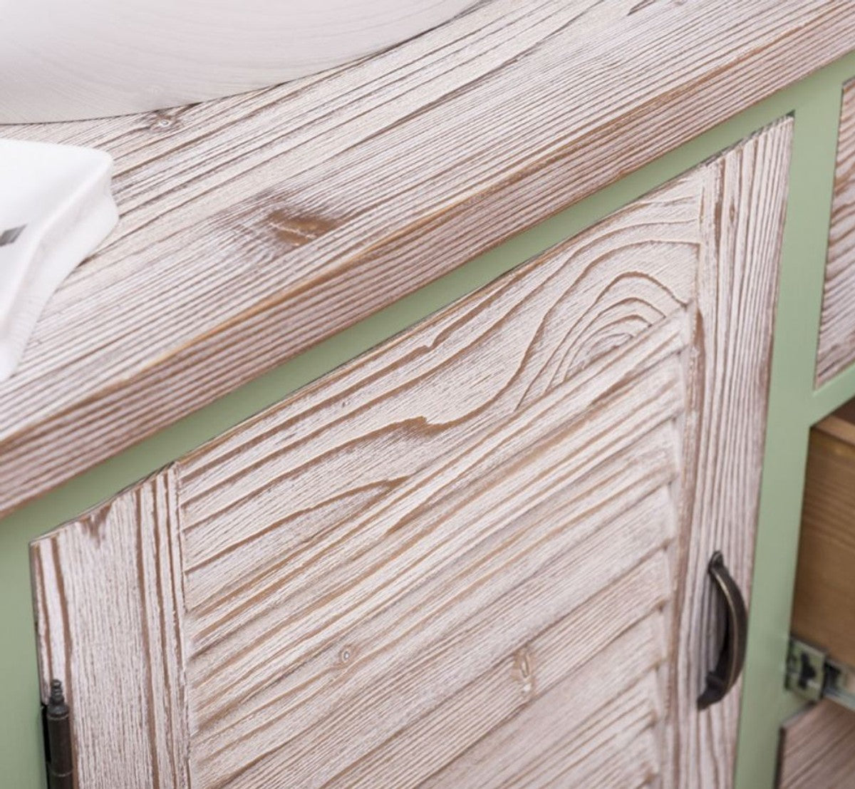 Landhausstil Badezimmer Set Grün / Naturfarben - 1 Doppelwaschtisch & 1 Wandspiegel & 1 Regalschrank - Massivholz Badezimmer Möbel im Landhausstil