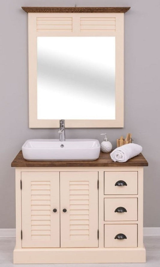 Landhausstil Badezimmer Set Beige / Dunkelbraun - 1 Landhausstil Waschtisch mit Waschbecken und Armatur & 1 Landhausstil Wandspiegel - Badezimmer Möbel im Landhausstil