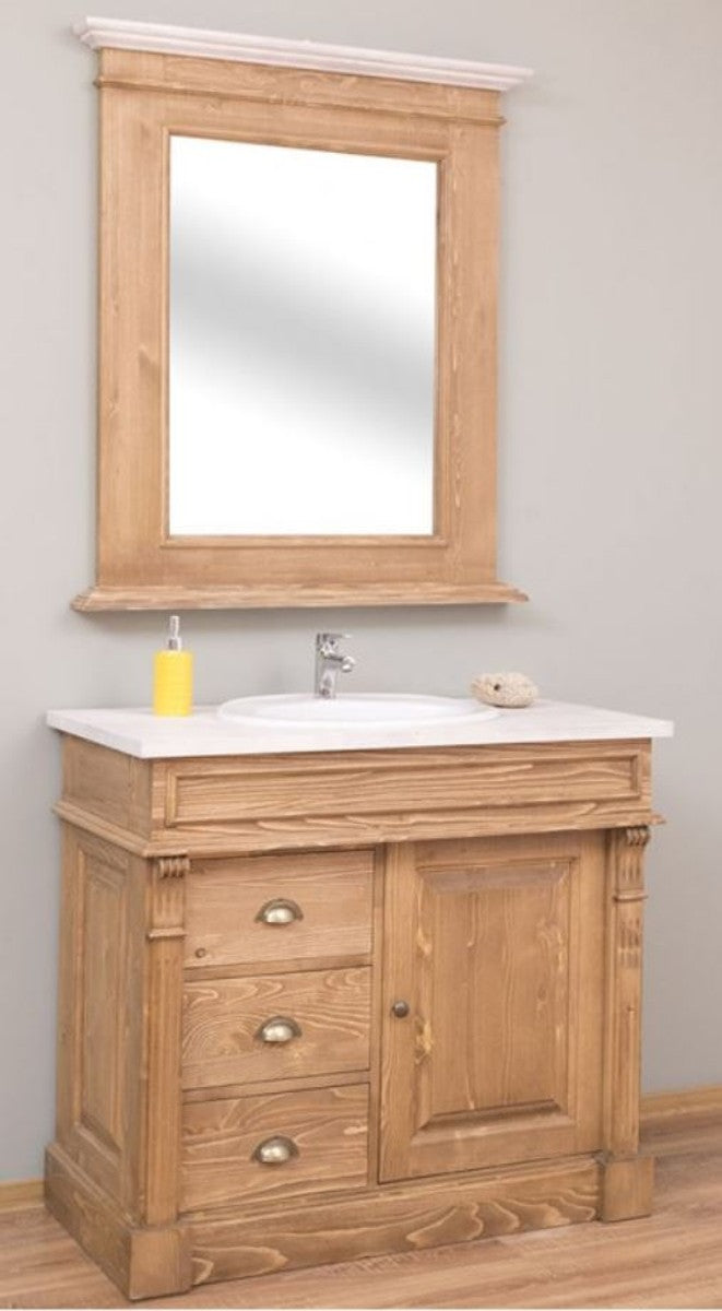 Landhausstil Badezimmer Set Naturfarben / Weiß - 1 Waschtisch & 1 Wandspiegel - Massivholz Badezimmer Möbel im Landhausstil