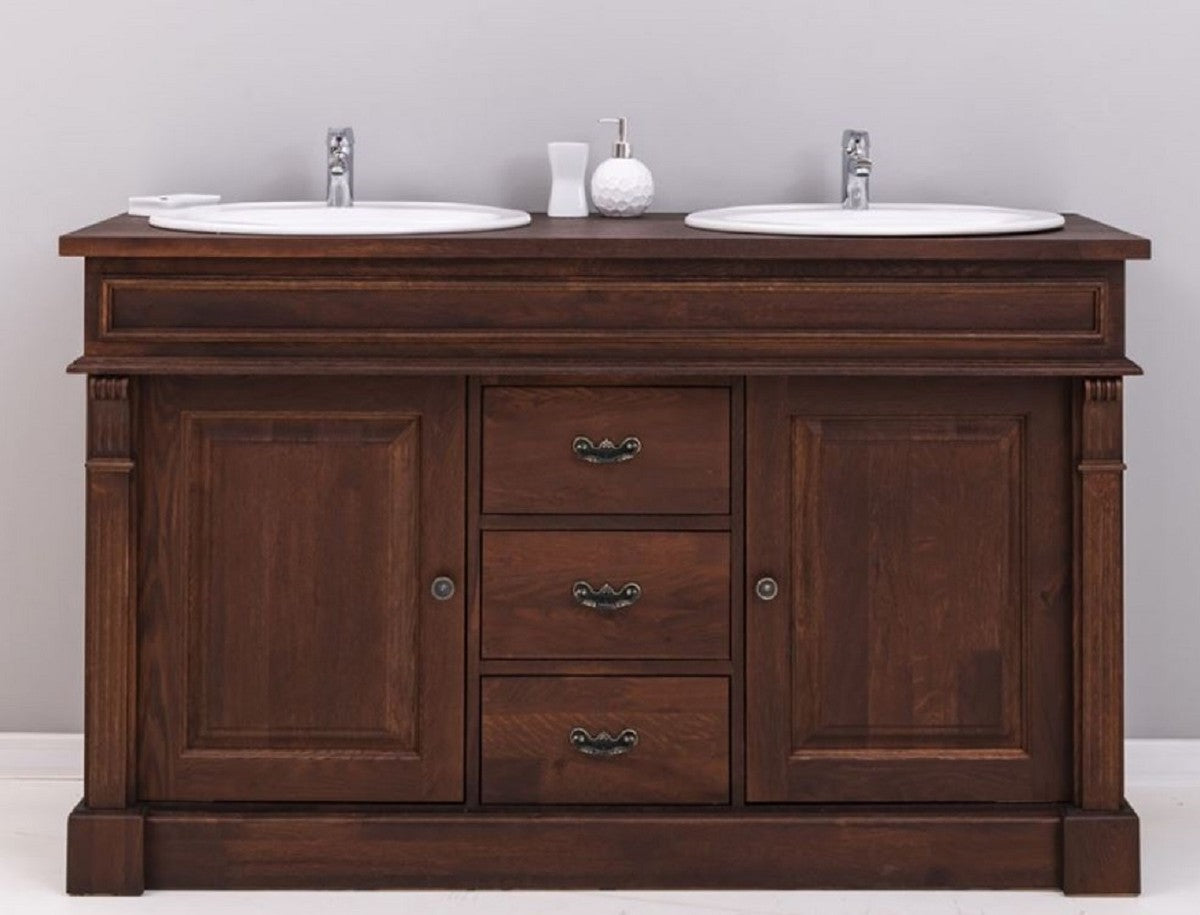 Landhausstil Doppel Waschbeckenschrank mit 2 Keramik Waschbecken Dunkelbraun / Weiß 150 x 51 x H. 91 cm - Massivholz Badezimmer Möbel im Landhausstil - Landhausstil Möbel