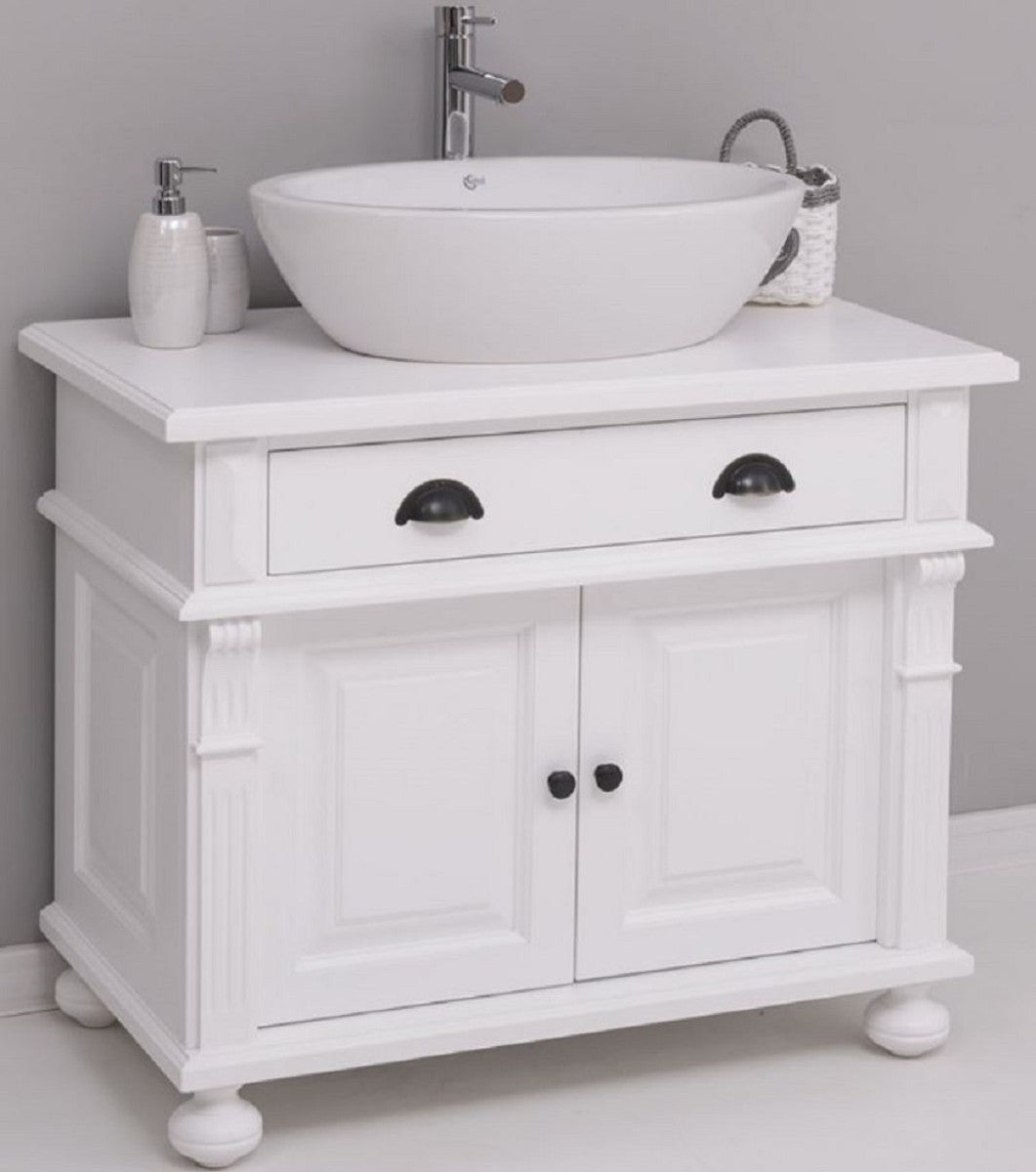 Landhausstil Badezimmer Set Weiß - 1 Waschbeckenschrank & 1 Ovales Keramik Waschbecken - Badezimmer Möbel im Landhausstil - Landhausstil Möbel - Landhausstil Badezimmer Einrichtung