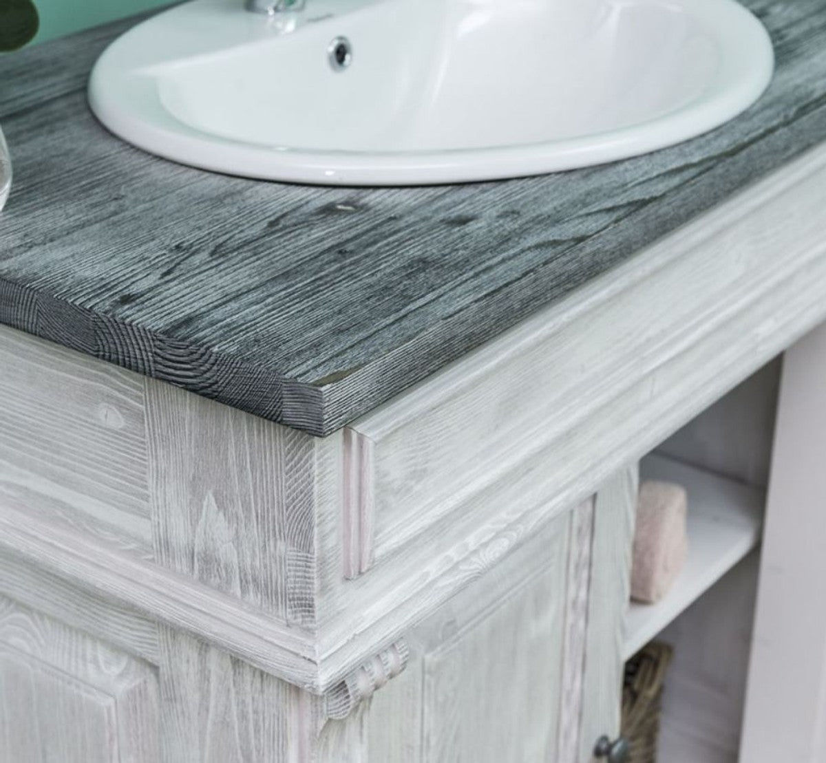 Landhausstil Badezimmer Set Hellgrau / Dunkelgrau - 1 Waschtisch & 1 Wandspiegel - Massivholz Badezimmer Möbel im Landhausstil