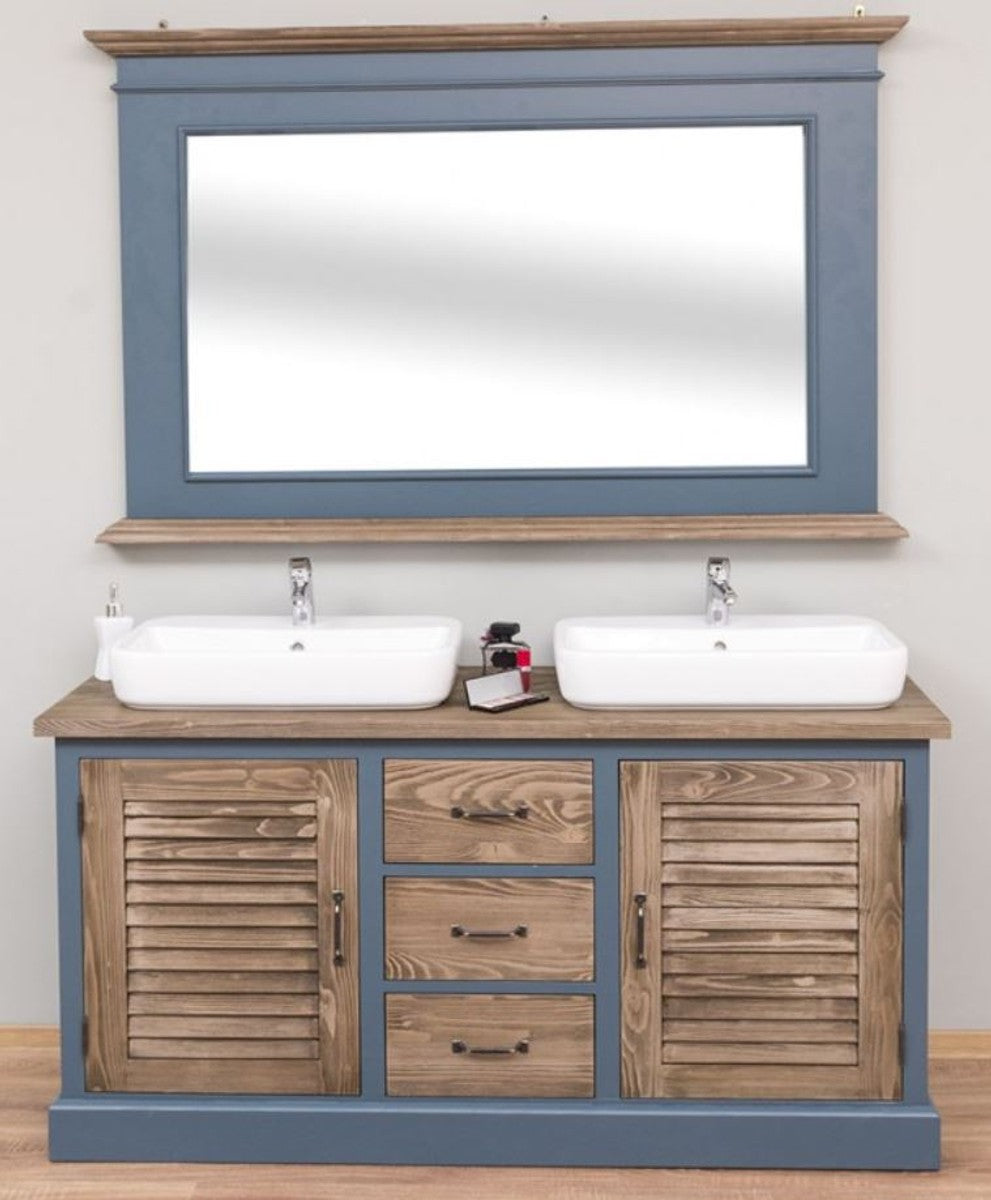 Landhausstil Badezimmer Set Blau / Braun - 1 Doppelwaschtisch & 1 Wandspiegel - Landhausstil Badezimmer Möbel