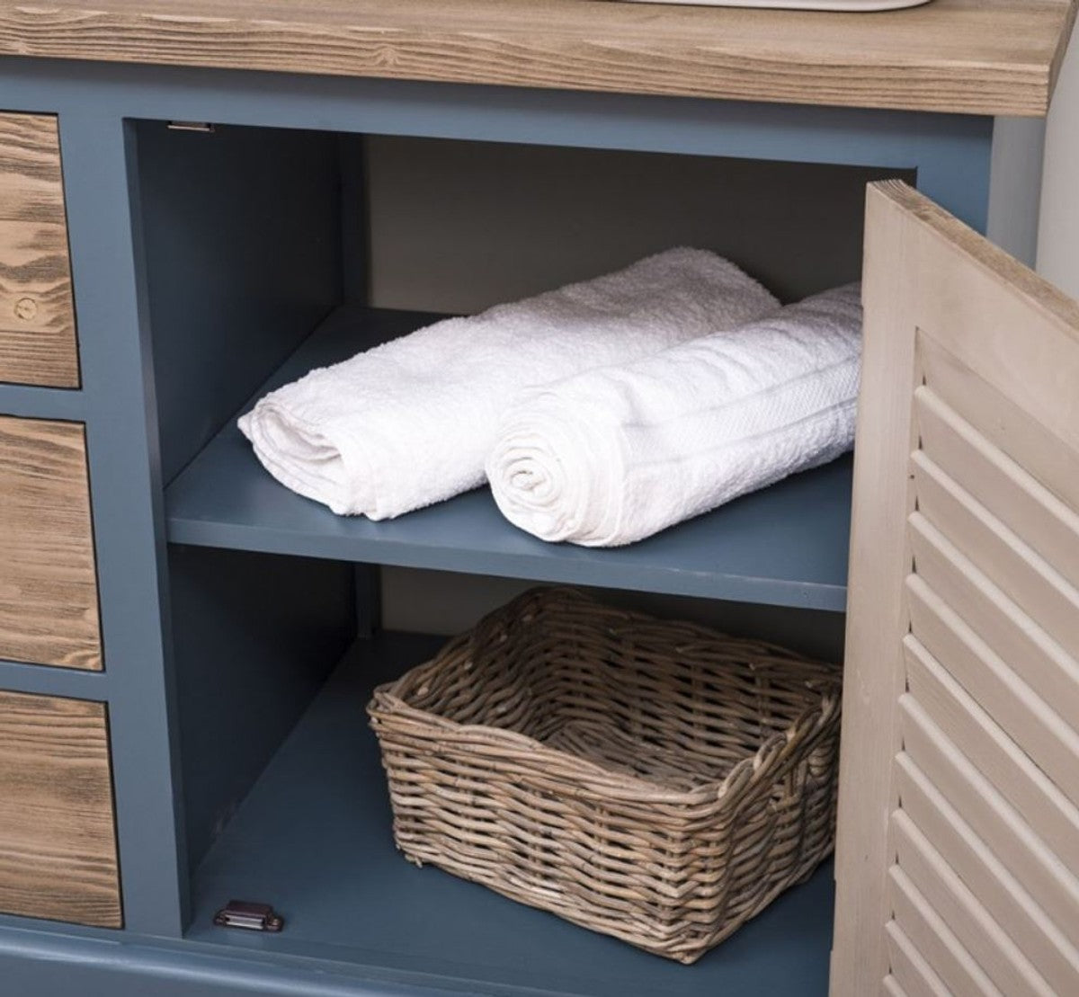 Landhausstil Badezimmer Set Blau / Braun - 1 Doppelwaschtisch & 1 Wandspiegel - Landhausstil Badezimmer Möbel