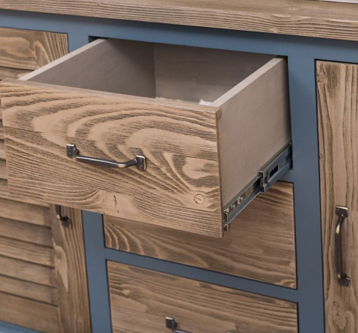 Landhausstil Badezimmer Set Blau / Braun - 1 Doppelwaschtisch & 1 Wandspiegel - Landhausstil Badezimmer Möbel