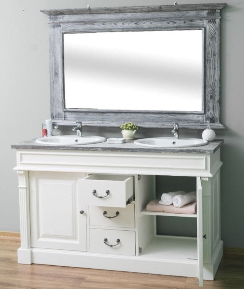 Landhausstil Badezimmer Set Weiß / Grau - 1 Doppelwaschtisch & 1 Wandspiegel - Massivholz Badezimmermöbel im Landhausstil