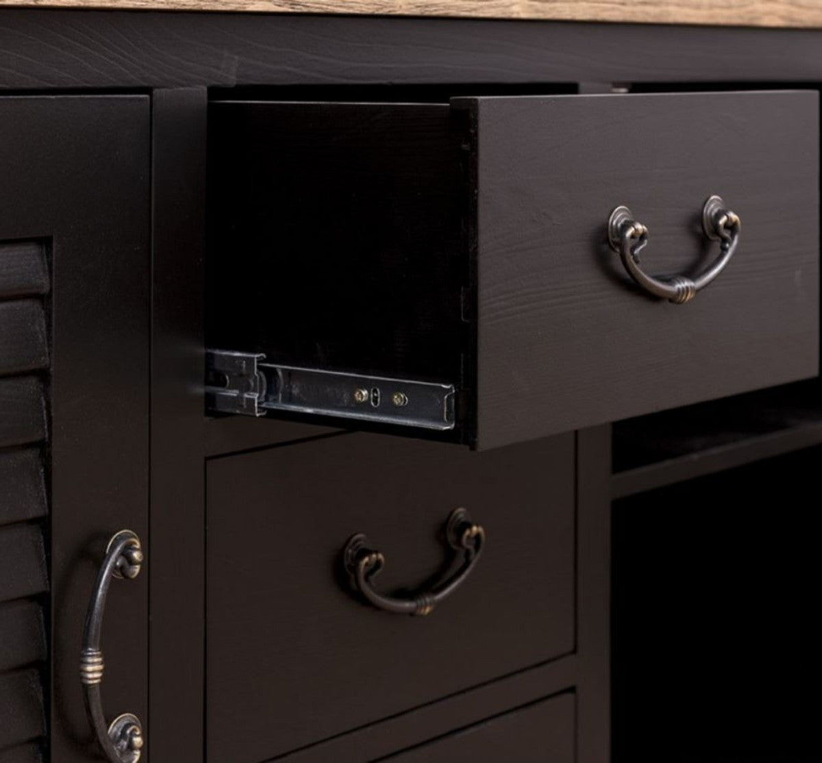 Landhausstil Badezimmer Set Schwarz / Naturfarben - 1 Doppelwaschtisch & 1 Wandspiegel - Landhausstil Badezimmer Möbel