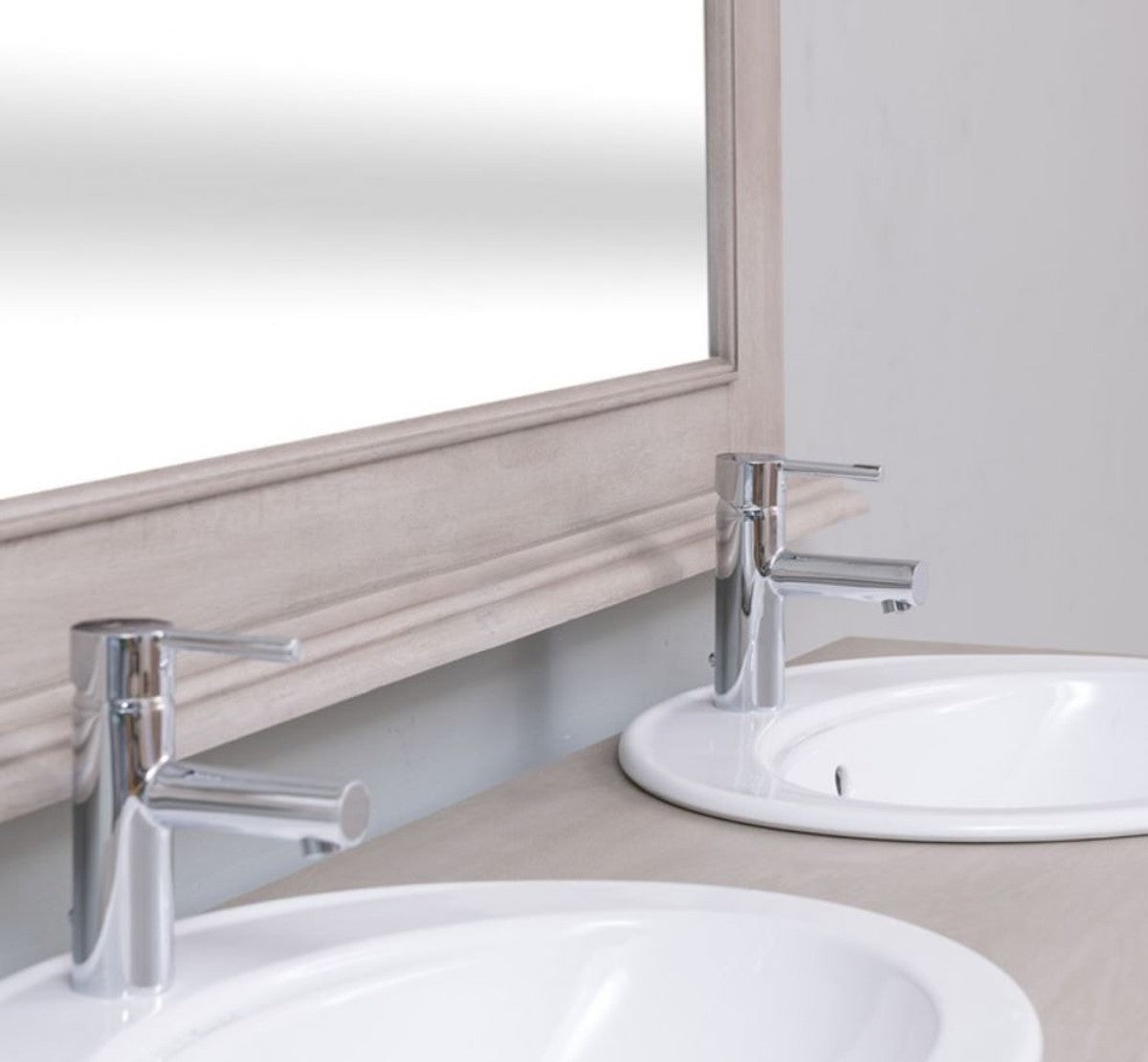 Landhausstil Badezimmer Set Grau - 1 Doppelwaschtisch & 2 Waschbecken & 2 Wasserhähne & 1 Wandspiegel - Massivholz Badezimmermöbel im Landhausstil