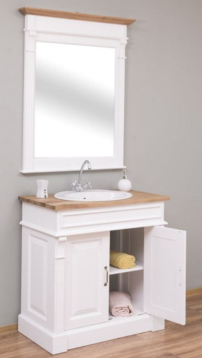 Landhausstil Badezimmer Set Weiß / Naturfarben - 1 Waschtisch & 1 Wandspiegel - Massivholz Badezimmer Möbel im Landhausstil