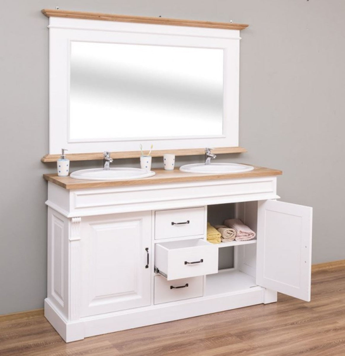 Landhausstil Badezimmer Set Weiß / Naturfarben - 1 Doppelwaschtisch & 1 Wandspiegel - Massivholz Badezimmermöbel im Landhausstil