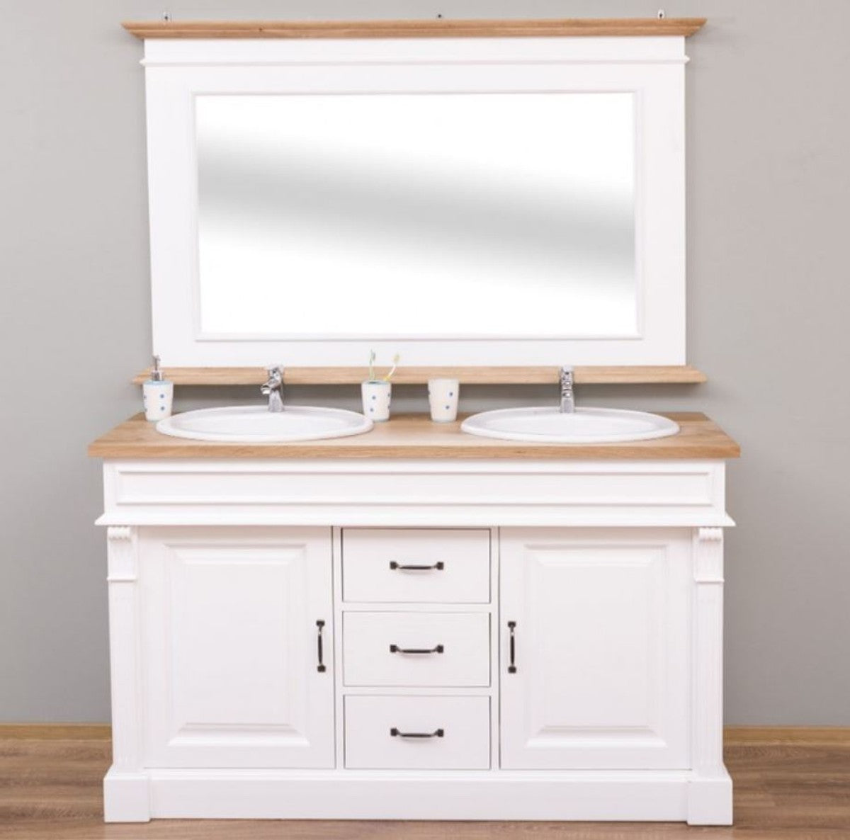 Landhausstil Badezimmer Set Weiß / Naturfarben - 1 Doppelwaschtisch & 1 Wandspiegel - Massivholz Badezimmermöbel im Landhausstil