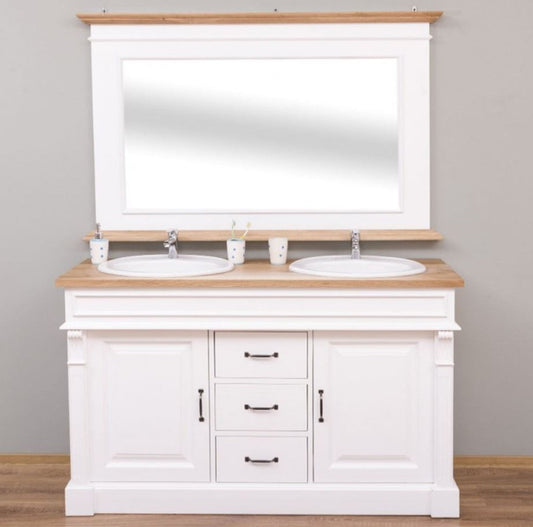 Landhausstil Badezimmer Set Weiß / Naturfarben - 1 Doppelwaschtisch & 1 Wandspiegel - Massivholz Badezimmermöbel im Landhausstil