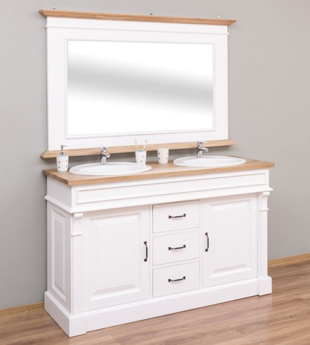Landhausstil Badezimmer Set Weiß / Naturfarben - 1 Doppelwaschtisch & 1 Wandspiegel - Massivholz Badezimmermöbel im Landhausstil