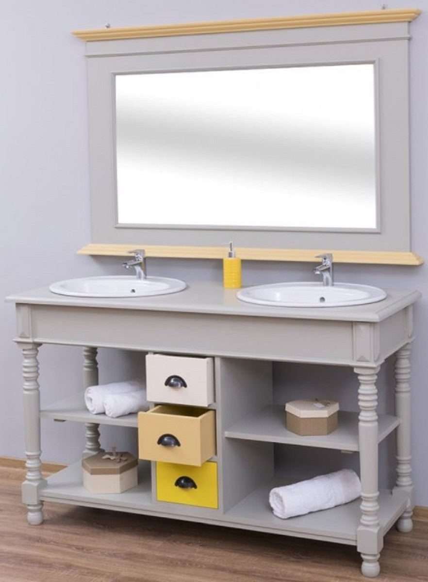 Landhausstil Badezimmer Set Grau / Naturfarben / Mehrfarbig - 1 Doppelwaschtisch & 1 Wandspiegel - Massivholz Badezimmermöbel im Landhausstil