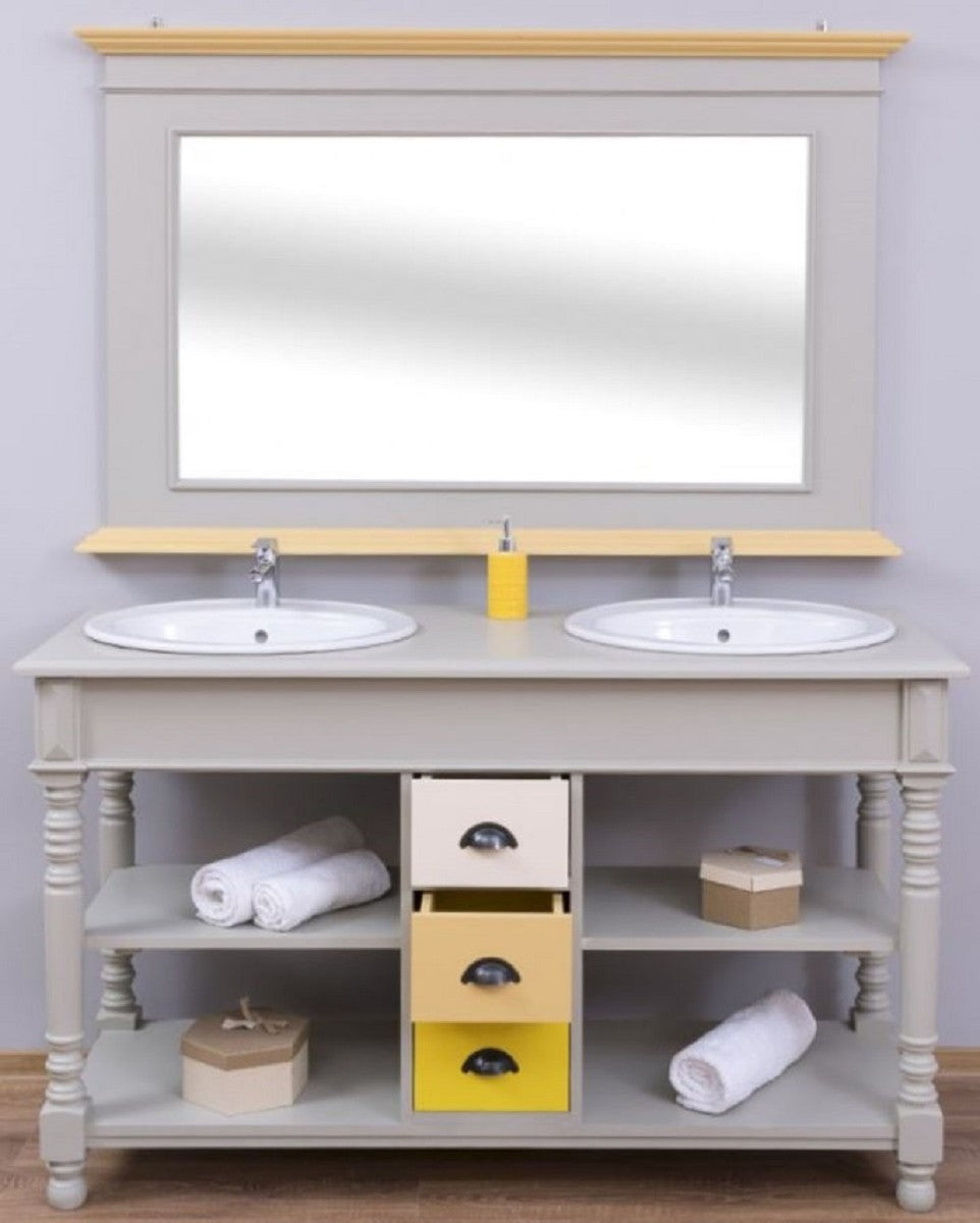 Landhausstil Badezimmer Set Grau / Naturfarben / Mehrfarbig - 1 Doppelwaschtisch & 1 Wandspiegel - Massivholz Badezimmermöbel im Landhausstil